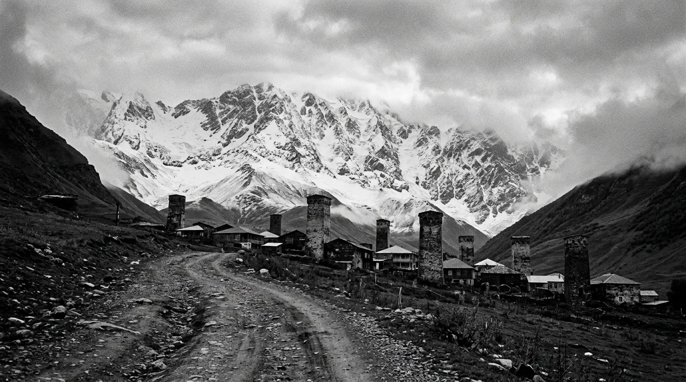 Ушгули, Сванетия. Каменные башни Machubi на фоне стены Шхары, ранее осеннее утро, низкие облака, гравийная дорога на переднем плане. Чёрно-белая документальная фотография, Magnum, film grain.