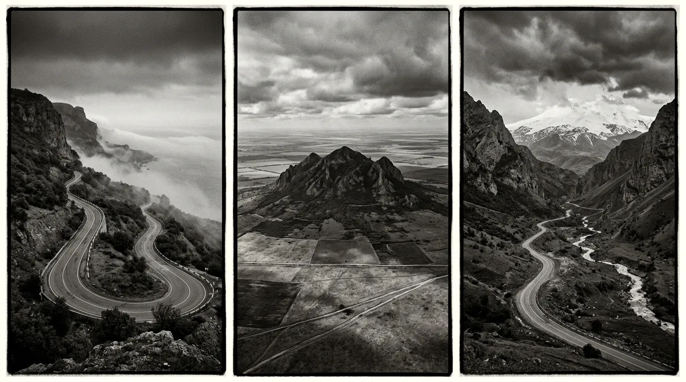 Three Russian Caucasus clusters: a foggy Black Sea coast switchback, the twin volcano lakkolith of Mount Beshtau rising from flat Stavropol steppe, and the Baksan valley road under the Elbrus ridge. Triptych layout, black and white documentary photography, Magnum aesthetic, 35mm film grain, no text
